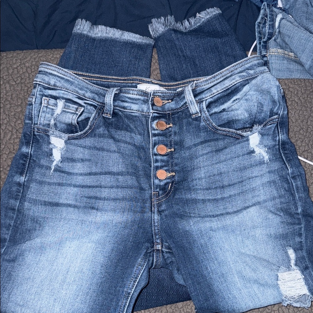 KanCan Distressed Button-Fly Blue Jeans